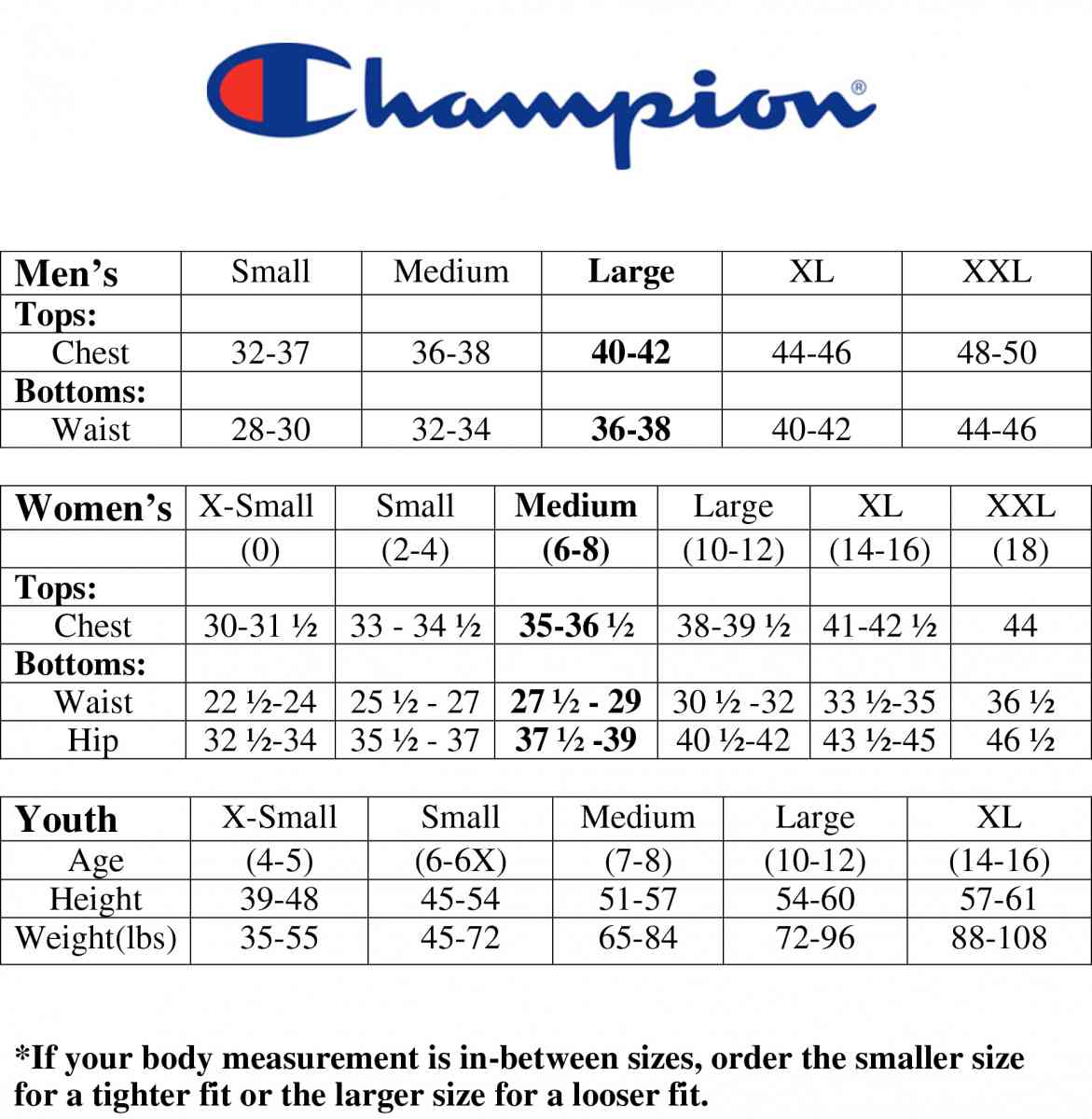 Champion Mens Size Chart